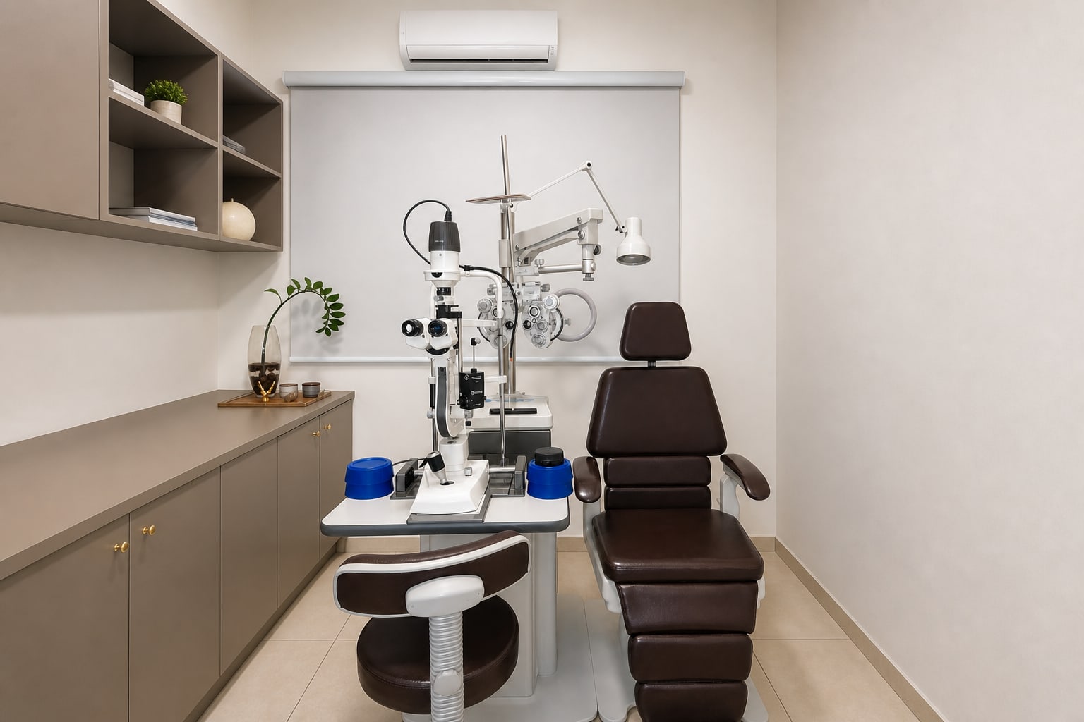 Consultório oftalmológico da Implo Odonto com lâmpada de fenda, refrator e cadeira de exame
