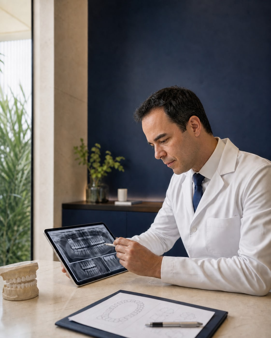 Dr. Eduardo analisando exames para planejar o tratamento