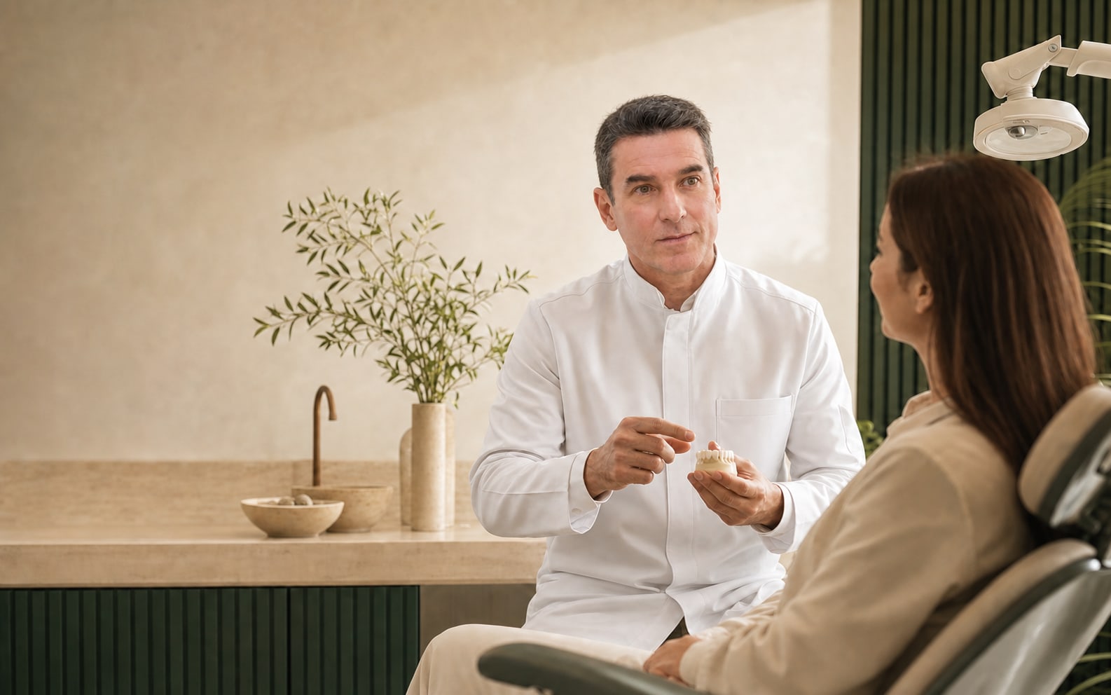 Dr. Walter conversando com paciente em consultório acolhedor
