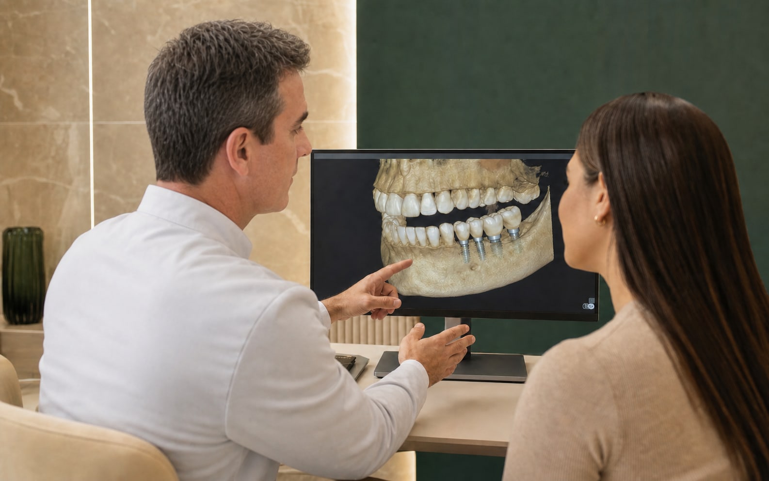 Dr. Walter explicando o planejamento digital de implantes ao paciente